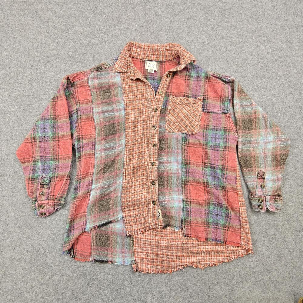 BDG Button-Up Womens XS Pink Plaid Flannel Relaxed Pocket Fringe Lightweight